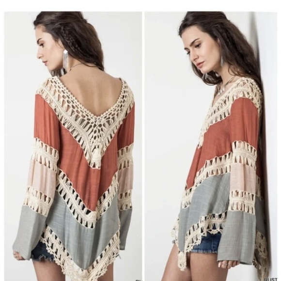 Umgee Tops - Umgee Boho Crochet Trim Colorblock Top Blouse Size Medium